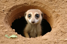 A Meerkat Peering Out From Its Burrow, The Intricate Network Of Underground Tunnels Symbolizing The Meerkat's Ability To Create Safe Havens In The Harsh And Unpredictable Savannah Environmen