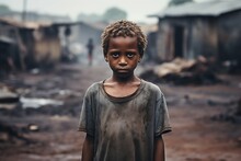 Glimpse Of Innocence: Young Boy Amidst Challenges In An African Village. Generative Ai
