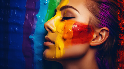 Wall Mural - Close-up portrait of a woman with rainbow colors on her face, generated with ai