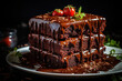 An irresistible close-up shot of a decadent chocolate cake with a rich, gooey center, drizzled with chocolate sauce and garnished with fresh berries, tempting the viewer's taste buds | ACTORS: None |