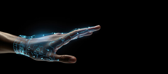 Wall Mural - robotic digital hand on dark background with copy space. neural network connection. communication wi
