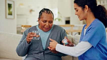 Poster - Medicine, old woman and caregiver on sofa with water, help and homecare in living room. Retirement healthcare, elderly person and nurse with pills, senior care and medical advice on couch together.