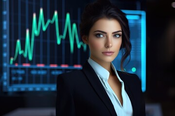 Beautiful business woman in a strict business suit against the background of financial charts and graphs. Economic chart, analysis of global economic trends.