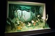 Paper-cut diorama featuring a green forest banner with a wild plant and origami tree. Generative AI
