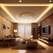 Moody warm white false ceiling lamps. Modern interior design for living room, conference room and hotels. False ceiling co-ply design using gypsum or plaster