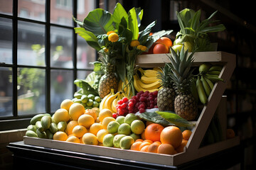 Wall Mural - A photograph showcasing a bustling market stand filled with an array of mouthwatering food, featuring vibrant fruits, aromatic spices, and freshly baked goods in