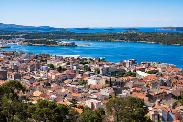 Wall Mural - Aerial view of the Sibenik, Croatia. Beautiful old city of Sibenik, panoramic view of the town center and adriatic sea. Dalmatia.