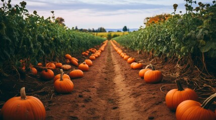 pumpkin farm field to pick with your family at a fall autumn festival in october moody rainy weather