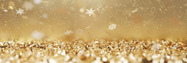 Wall Mural - 3D rendering of golden christmas particles and snow crystals in panoramic view. Holiday celebration background