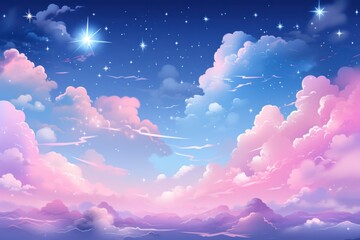 Wall Mural - Blue and pink cloudy sky with white stars