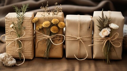 Ecological packaging for gifts. Craft paper and fabric for decoration. Dried flowers and flowers on a gift wrapper. Concept: Holiday box with care for nature.