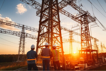 Engineer worker and technician inspecting electrical tower with beautiful sunset in the background, technical maintenance in the making