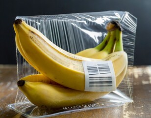 Banana in vacuumed plastic package with barcode