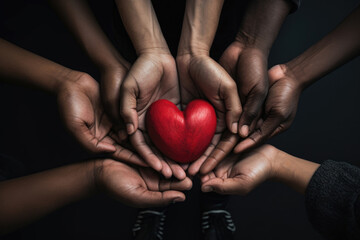 Wall Mural - A shared heartbeat: diverse hands cradle a scarlet heart, signifying unity and compassion on World AIDS Day
