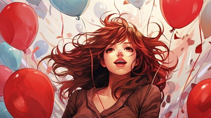 Wall Mural - a girl with red hair holds up a few balloons. Fantasy concept , Illustration painting.