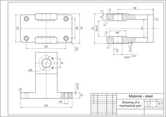 Wall Mural - vector drawing of a steel mechanical part with through holes. engineering cad scheme. mechanic backg