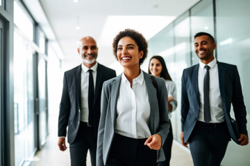 Wall Mural - Team of corporate professionals talking and walking in office corridor