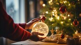 Fototapeta  - Manos sosteniendo una esfera con luz brillante junto al árbol de navidad