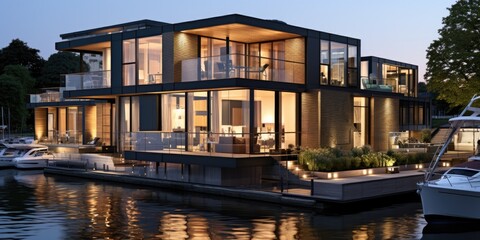 Wall Mural - Modern house on the water with boats in the background, AI