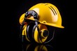 Bright yellow helmet with earmuffs on dark backdrop. Generative AI