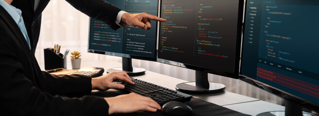 Wall Mural - software development team working together in office, coding script display on computer monitor. pro
