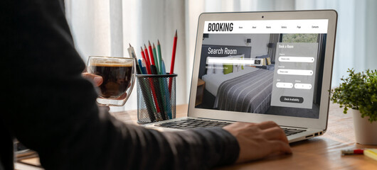 Online hotel accommodation booking website provide modish reservation system . Travel technology concept .