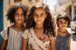 Smiling Palestinian children stand on city street, portrait of happy Arab girls in Middle East. Teens, kids looking at camera outdoor. Concept of character, school, muslim