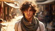 Portrait of handsome young Arab man in Middle East, Palestinian guy on city street. Person wearing typical scarf looking at camera outdoor. Concept of character, people