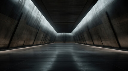 Wall Mural - Modern dark warehouse background, futuristic concrete room with led light. Empty garage hall with gray walls, perspective view. Concept of studio, stage, parking, industry