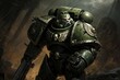 Futuristic cyborg soldier in armor with machine gun on dark background, gaming character, alien, beast, robotic, villain, hero, space war, alien warrior, soldier