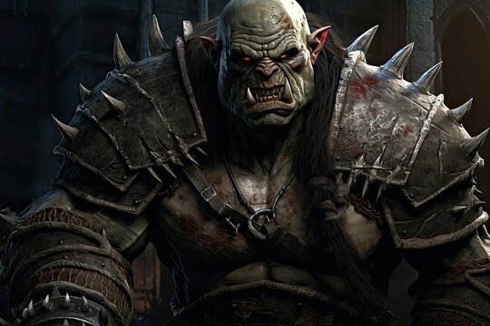 3D rendering of a monster with a big eyes and blood on his face, big teeth monster, orc, gaming character, villain, hero, warrior, war, strong soldier