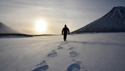 Wall Mural - mountaineer walking with footprint in snow storm and sunrise over snowy mountain in senja island