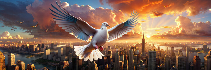 Awe-inspiring flight of a white dove over a glorious city.