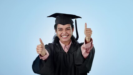 Sticker - Graduation success, thumbs up or excited student in studio with education, college or university goal. Woman, hand sign or happy graduate with learning achievement or scholarship on blue background