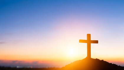 easter and good friday concept soft focus of christian worship with raised hand on cross sunset background