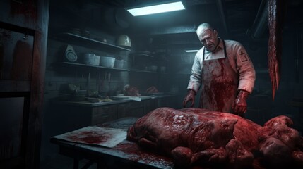Fototapeta unsettling looking butcher with a flesh of a creature  from nightmares, terrifying horror movie scene