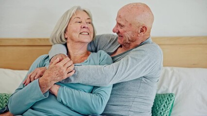 Poster - Senior couple, hug and kiss in bedroom, care and funny laugh together at home. Love, elderly man and happy woman in bed, embrace and connection for support, relationship and commitment to marriage