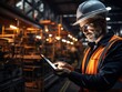 © DigitalArt - A man in protective work attire, including a helmet and reflective vest, stands in a well-lit industrial setting, engrossed in using a tablet.