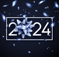 Wall Mural - New Year 2024 background with white paper numbers with shadows on background made of silver blue blurred confetti.