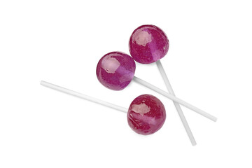 Poster - Many sweet purple lollipops isolated on white, top view