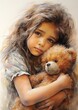 girl holding teddy bear arms eyes helpless childhood pencil drawing soft shadows face feelings guilt color portrait entertainment