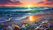 seascape shells sunset background crystals furry colors refraction white sparkles sunlight beams floating stones tilework seashore
