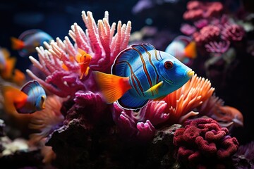 Wall Mural - A mesmerizing dance of colorful fish in a coral reef aquarium.