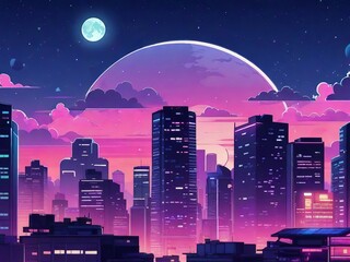 Illuminated Anime Cityscape: Nighttime Radiance in Neo-Crisp Illustration. 