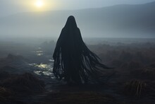 Mysterious Cloaked Figure Traversing A Fog-shrouded Moor.