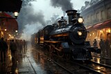 Vintage train station with steam locomotives and passengers