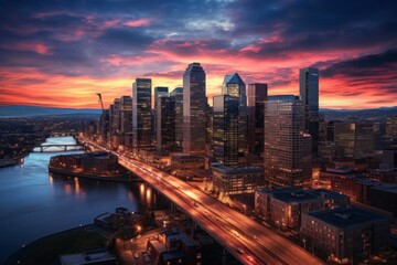 Poster - City nightscape of downtown buildings at sunset