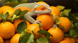 A chameleon with protective colors among oranges