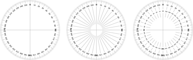 Protractor circle to measure geometrical angles and coordinates. Digital compass 360 degree round scale. Radial radar scanner system screen.