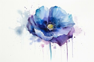 Wall Mural - Watercolor painting of a serene purple and blue poppy flower on a white background. Generative AI